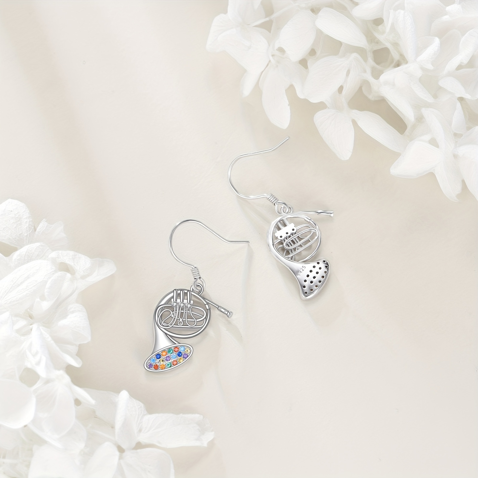 French Horn Music Earrings in 925 Sterling Silver